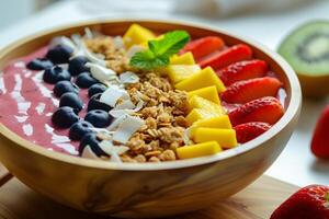 ai generado disfrutar el frescura de frutas en un zalamero cuenco para desayuno foto