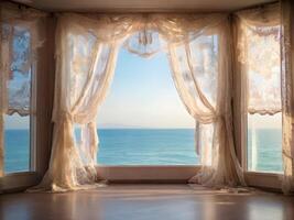 AI generated Sea view from the lace curtain on the window, Beautiful light. photo