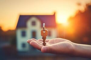 AI generated House key on man's hand, blurred background of new country house. Generative AI photo