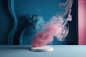 AI generated Colored smoke on blue walls, abstract background. Generative AI photo