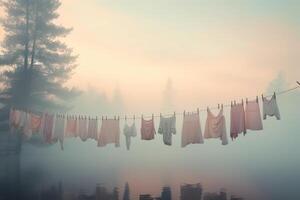 AI generated Linen and clothes hanging on rope in fog over lake. Generative AI photo