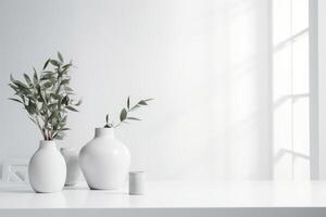 AI generated White abstract interior background with minimalistic decor. Generative AI photo