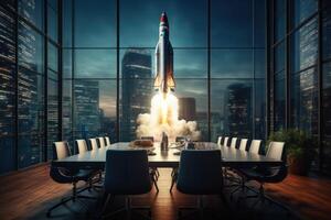 AI generated Rocket launch in meeting room, concept of successful startup and new ideas. Generative AI photo