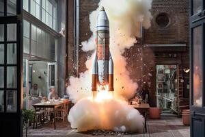 AI generated Rocket takes off from laboratory. Generative AI photo