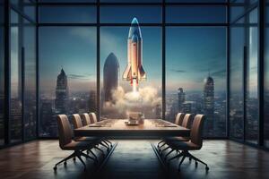 AI generated Rocket taking off into space is visible from window of meeting room. Generative AI photo