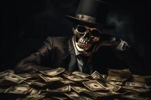ai generado un esqueleto en negro traje es visto con grande cantidad de dinero. generativo ai foto