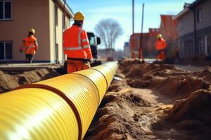 AI generated Workers in uniform laying a yellow pipeline in a trench. Generative AI photo