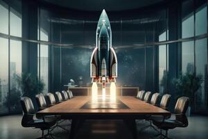 AI generated Rocket spaceship takes off in meeting room. Concept of new successful ideas, creative and career growth. Generative AI photo