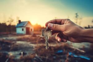 ai generado mano sostiene el llaves a pequeño jardín casa o cabina. generativo ai foto