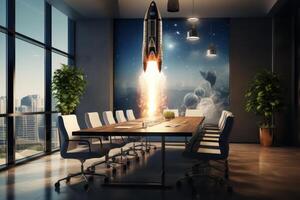 AI generated Meeting room in which space rocket takes off, concept of brainstorming in technology startup. Generative AI photo