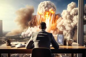 AI generated Man looks at explosion or rocket launch from his office window. Generative AI photo
