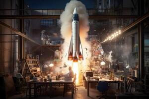 AI generated Rocket takes off in laboratory or office, startup business success idea. Generative AI photo