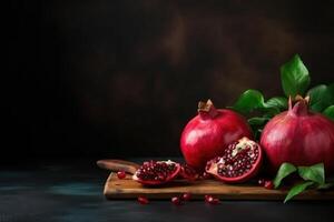 AI generated Harvest of ripe pomegranates, beautiful serving on dark background. Generative AI photo