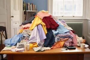 ai generado pila de limpiar ropa después Lavado en mesa, lavadero, tareas del hogar. generativo ai foto