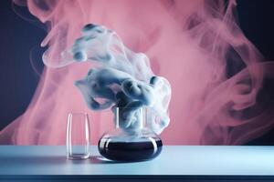AI generated Colorful smoke over glass and flask, chemical abstract background. Generative AI photo