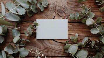 AI generated Top view of blank white Card on wooden table with Eucalyptus leaves. Flat lay of Blank Postcard template for business invitation photo