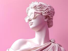 AI generated Ancient Greek female Statue wearing Sunglasses. Stone Sculpture of Woman head on pink background for modern art. Element for Collages in the y2k style. Goddess made of gypsum clay photo