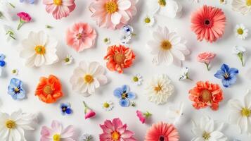 AI generated Top view of Spring plants. Flat lay Floral pattern made of meadow Flowers, green leaves, branches on white background. Valentine Birthday banner with copy space. Simple Summer backdrop photo