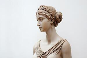AI generated Ancient Greek Sculpture of Woman with wreath on her Head on gray background with Copy space. Beautiful female statue for modern art in y2k style photo