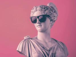 AI generated Ancient Greek Statue wearing Sunglasses. Stone Sculpture of Woman head on pink background for modern art. Element for Collages in the y2k style. Female goddess made of gypsum clay photo