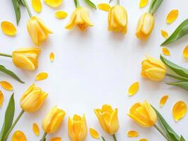AI generated Top view of yellow spring Tulips with empty place for text. Flat lay Floral frame on white background with copy space. Blank Flower banner for Women and Mother Day photo