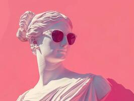 AI generated Ancient Greek female Statue wearing Sunglasses for Collages in the y2k style. Stone Sculpture of Woman head on pink background for modern art. Goddess made of gypsum clay photo