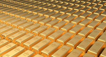 Gold bars. Stacked gold bars. Stack of one kilogram gold bars. Gold bars in bank vault. 3D rendering photo