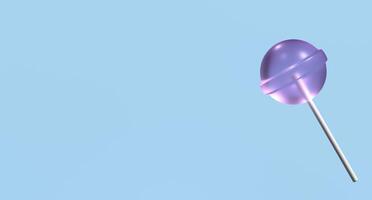 3D lollipop candy icon. Purple lollipop on white stick. Lollipop candy. 3D rendering photo