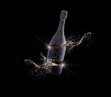 champagne bottle with sparkling liquid on black background photo