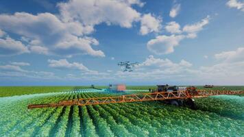 Autonomous agriculture vehicle and drone are working in agricultural plot, Agriculture technology with smart farming concept, 3d render photo