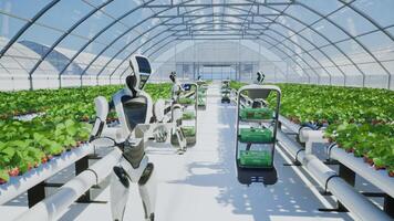 Artificial intelligence robot harvesting strawberry in the greenhouse, 3d render photo