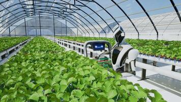 Artificial intelligence robot harvesting strawberry in the greenhouse, 3d render photo