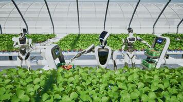 Artificial intelligence robot harvesting strawberry in the greenhouse, 3d render photo