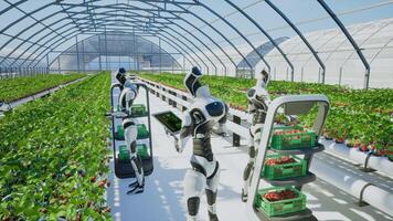 Artificial intelligence robot harvesting strawberry in the greenhouse, 3d render photo