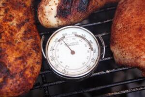 Grill surface thermometer with cooking chicken pieces photo