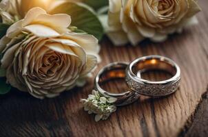 ai generado diamante Boda anillos joyería y flores ramo de flores para el Boda compromiso y Luna de miel foto