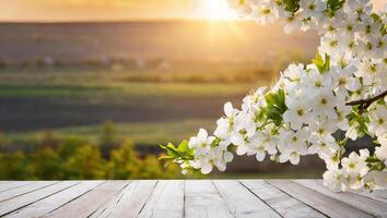 AI generated Spring nature background with blossoming flowers and rustic wooden table photo