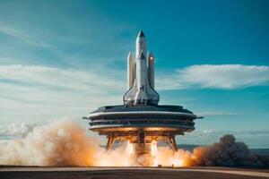 ai generado un cohete es lanzamiento dentro el cielo con un grande blanco espacio lanzadera en parte superior foto