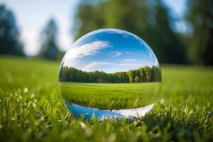 AI generated Glass sphere with forest reflected in it as an earth conservation concept photo