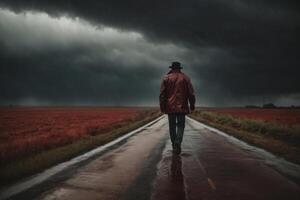 AI generated A man is walking down a road in the rain in dramatic weather. A concept of loneliness and depression photo