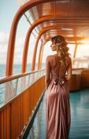 ai generado un mujer en un rosado largo noche vestir es en pie en el cubierta en un crucero Embarcacion foto