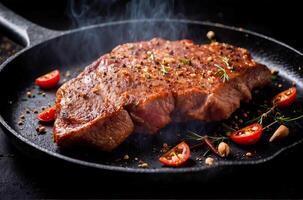 AI generated A piece of red meat is cooking in a pan with some carrots and spices on top photo