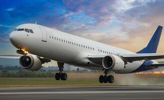 AI generated Plane takeoff at the airport at sunset with passengers and tourists going on vacation photo