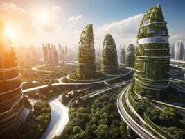 AI generated A futuristic cityscape with tall buildings and green trees growing on buildings. photo