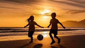 AI generated Active children playing soccer football on a beach. Brother and sister, family sport fun photo