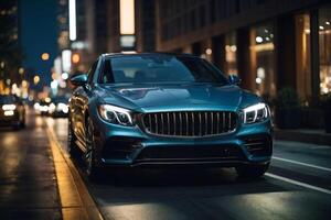 AI generated A blue luxury car parked on a city street at night photo