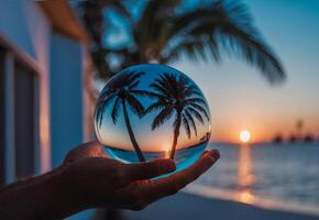 AI generated A hand holding a glass sphere with a palm tree reflected in it as an earth conservation concept photo