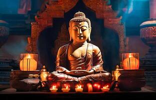 AI generated A gold statue of a Buddha is sitting on a table with candles and a bowl photo