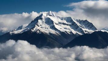 ai generado un montaña rango con nieve tapado picos y nubes foto