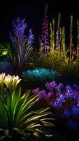 ai generado brillante jardines iluminado botánico muestra después oscuro foto